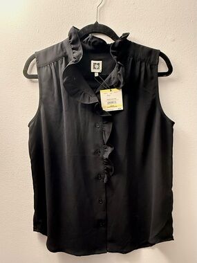 NWT Anne Klein Black Sleeveless Ruffle Front Blouse Top Size M